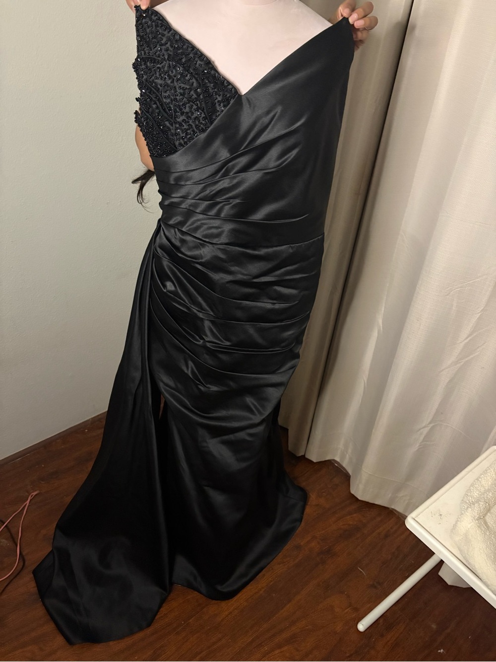 Elegant Black Satin Evening Gown with Beaded Bodice